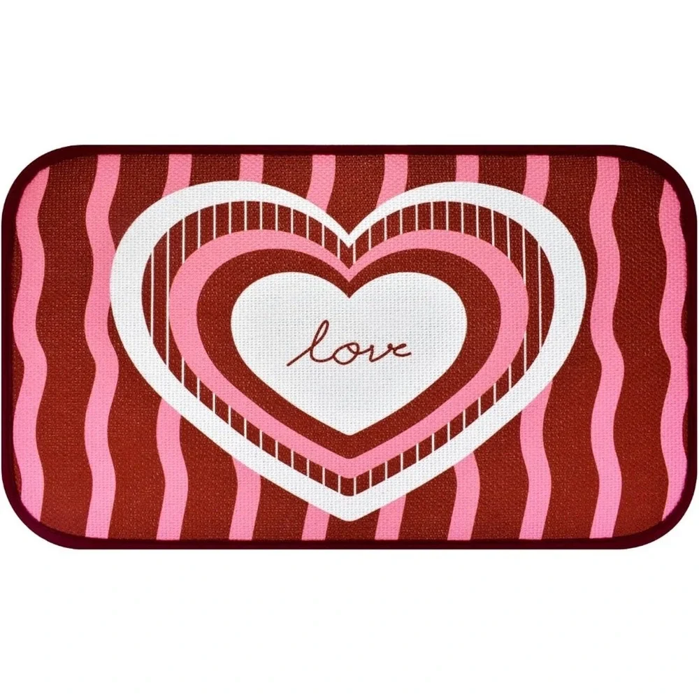 Valentines Day Heart Love Floor Mat Red Pink Striped Rubber Backing Rug 17x29